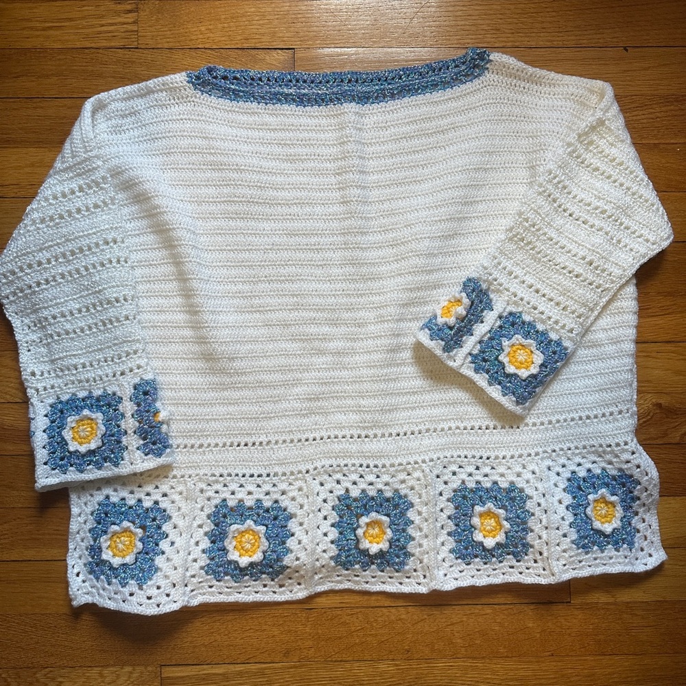 Handmade Crochet Sweater White with Blue & Yellow Daisy Granny Square Design XXL